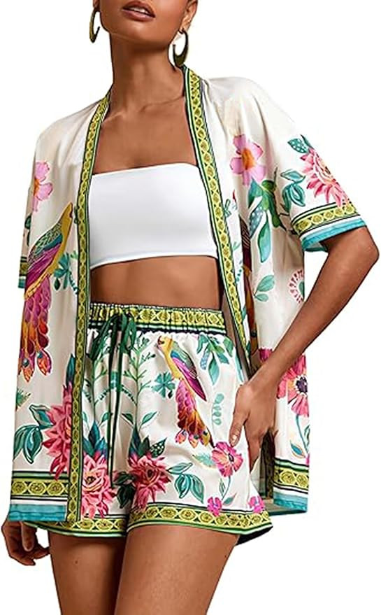 Women Boho Tropical Print Beach Cover Up Shorts Set 2 Piece Summer Lounge Outfit Lightweight Swim... | Amazon (US)