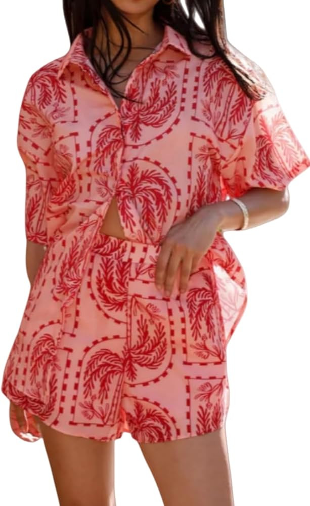 NIFTRIRY 2 Piece Sets for Women Bohemian Print Short Sleeve Collar Button Blouse and Loose Shorts... | Amazon (US)