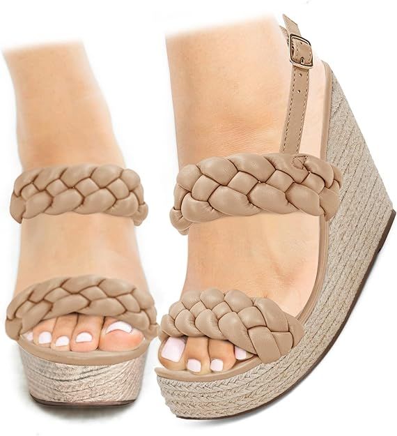 Women's Braided Espadrille Platform Wedge Sandals Open Toe Two Strap Ankle Buckle Summer Shoes | Amazon (US)