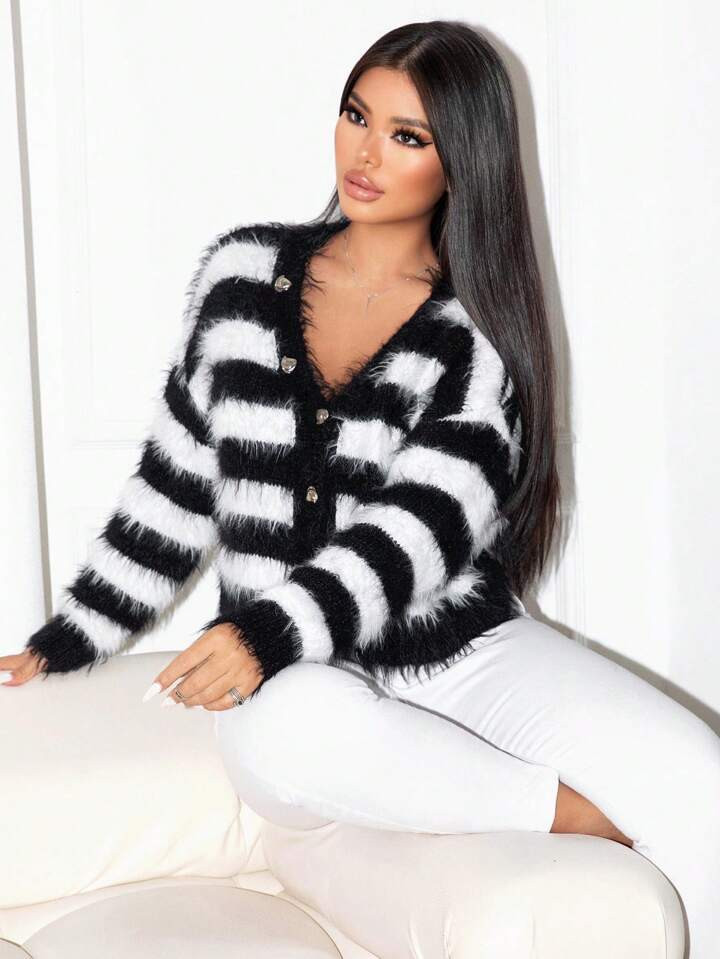 SHEIN Foxxy Women's Cardigan, Women's Top In Black And White, Knitted Long Sleeved Cardigan, Arti... | SHEIN