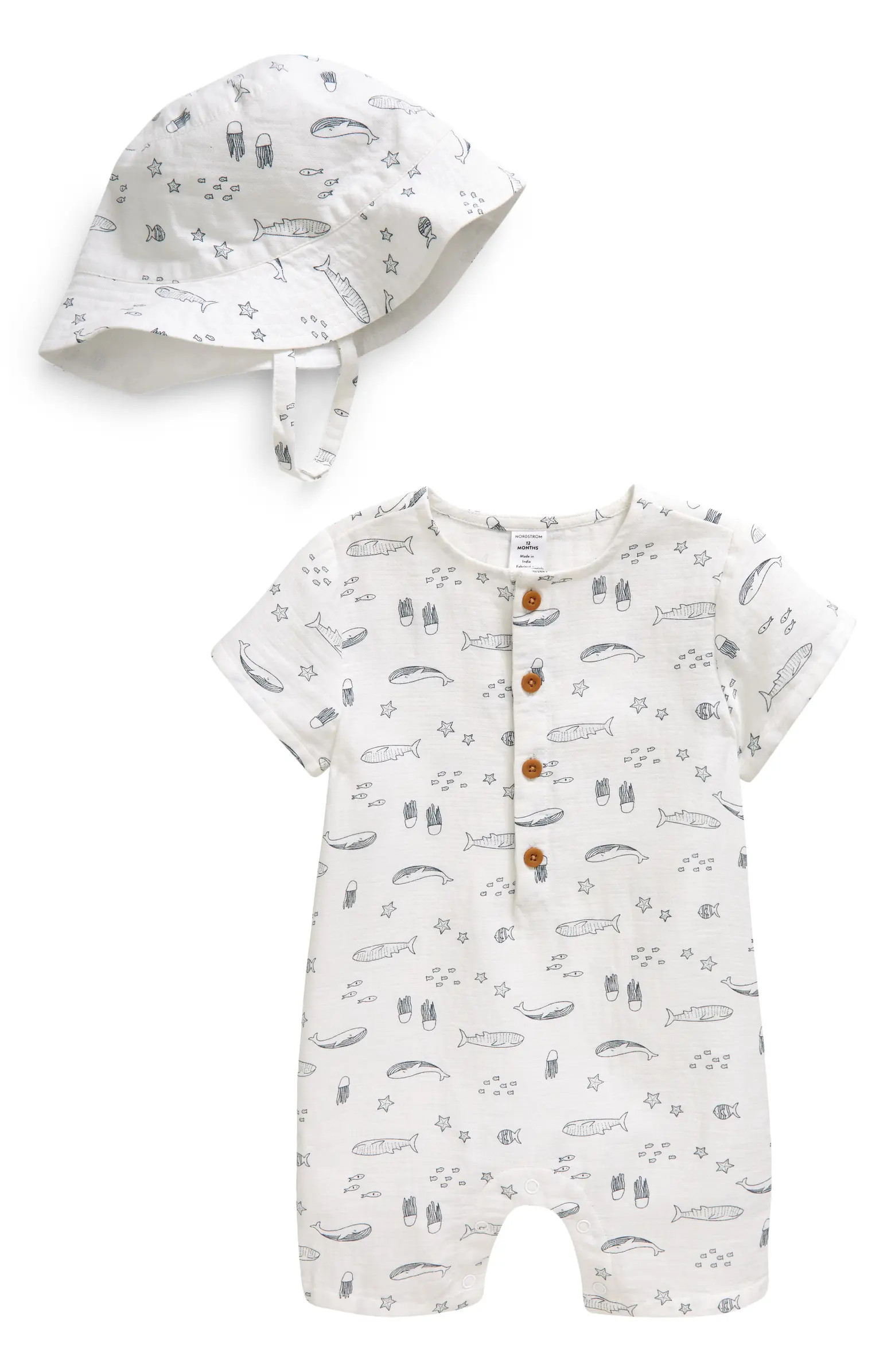 Print Cotton Henley Romper & Hat Set | Nordstrom