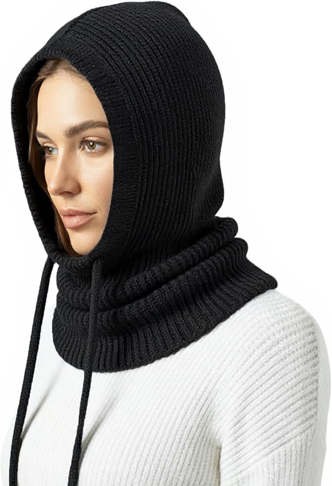 Hooded Scarf Balaclava for Women Men, Winter Knit Neck Warmer Hood Hat with Drawstring, Windproof... | Amazon (US)