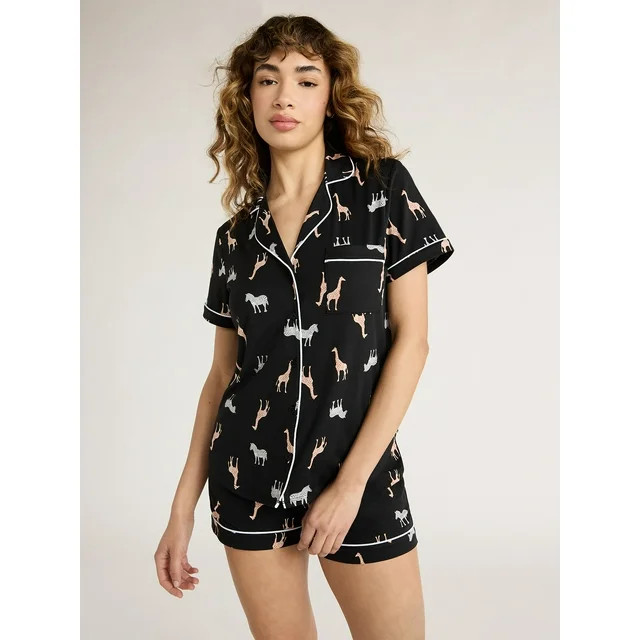 Joyspun Women's Knit Notch Collar Top and Shorts Pajama Set, 2-Piece, Sizes S to 3X | Walmart (US)