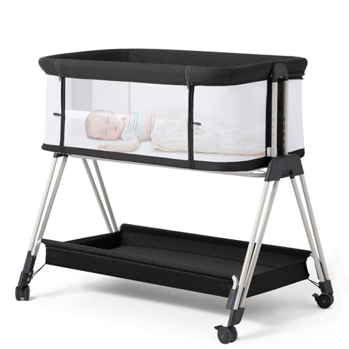 Fodoss Baby Bassinet Bedside Sleeper with Wheels and Storage Tray,4-Sided Mesh Bedside Bassinet for Infant/Newborn,7 Height Adjustable Easy Folding Bedside Crib | Amazon (US)