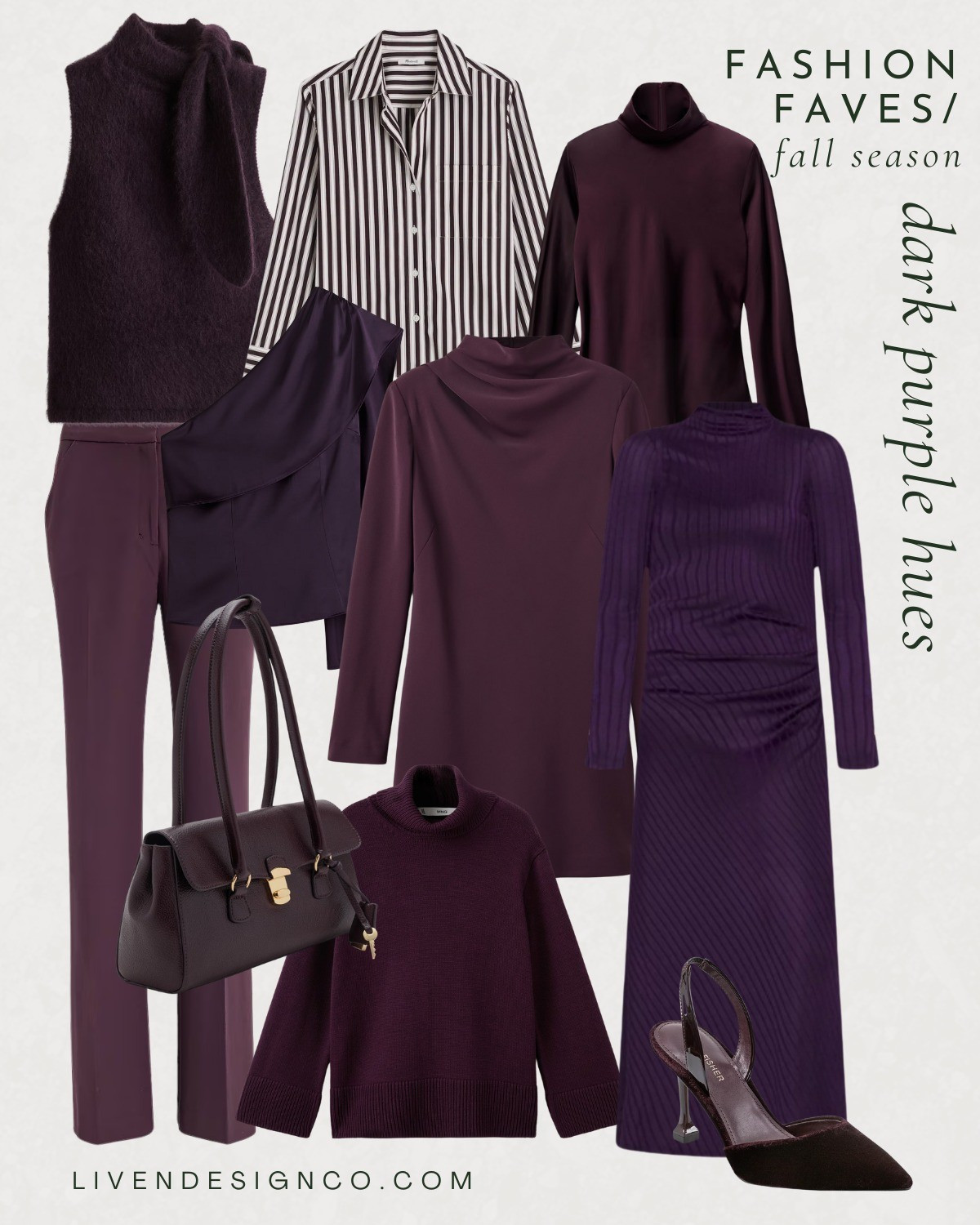 Dark purple fall fashion. Style inspiration. Eggplant dress. Angora sweater. Sleeveless sweater. Purple maxi dress. Asymmetrical top. One shoulder top. Dark purple handbag. Plum. Purple suede heels. Purple pants. 

#LTKCyberWeek #LTKSaleAlert #LTKSeasonal