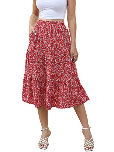 Lyrur Red Skirts for Women Casual Summer Tiered Ruffle Aline Swing Boho Floral Midi Skirts with Pockets(S,9193-RD Floral) | Amazon (US)