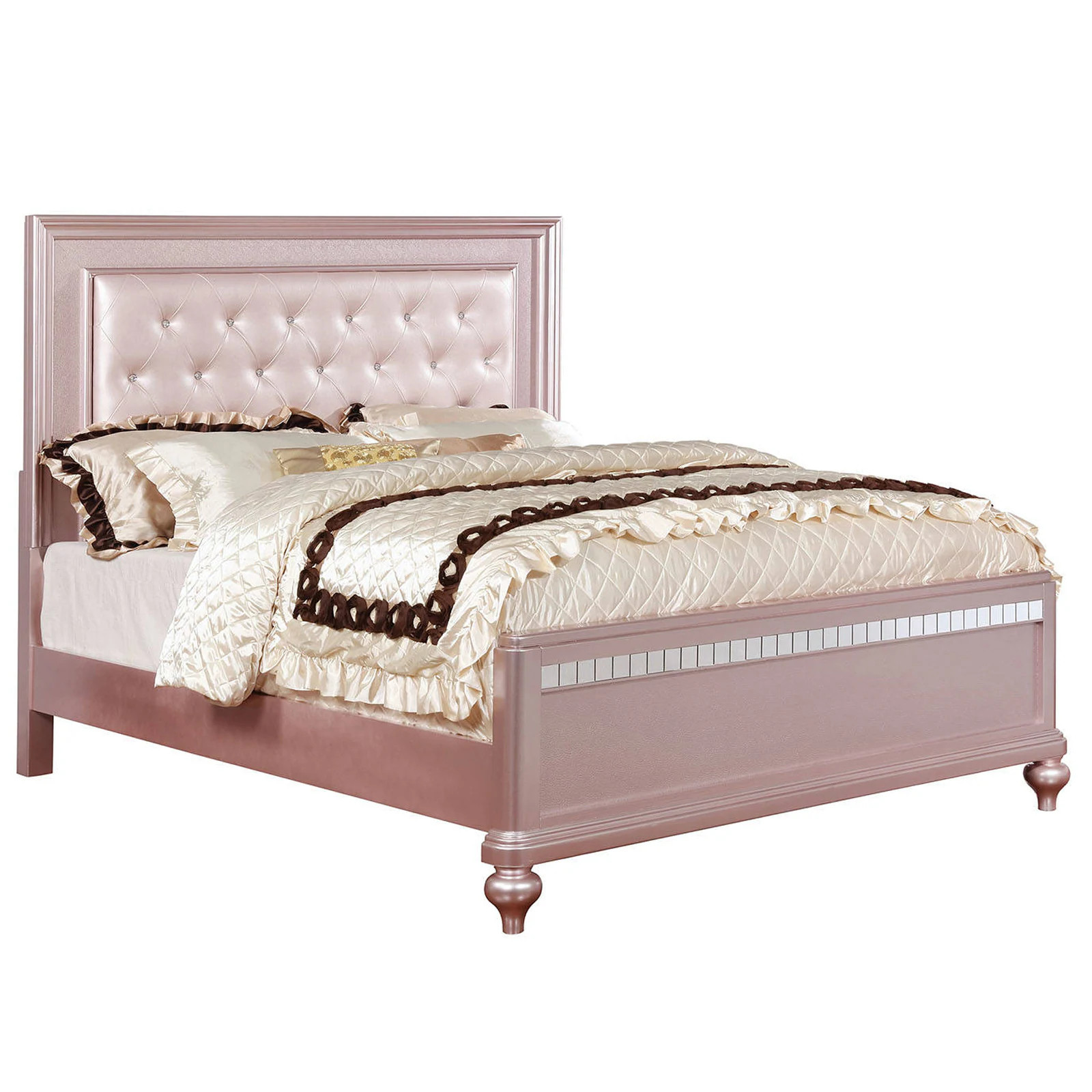 Benzara Contemporary Pink Wood Frame Queen Size Panel Bed with Mirror Trim Details one_size | BM216257 | Lowe's