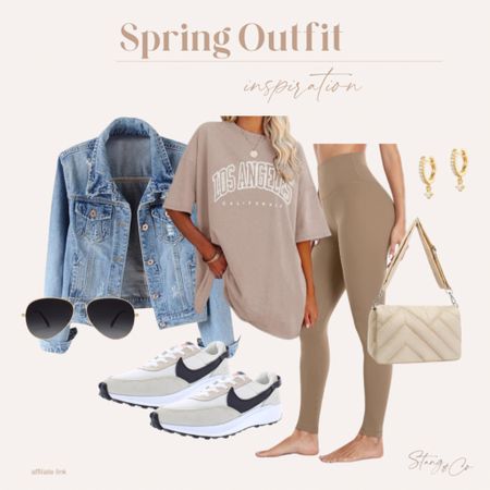 This spring outfit inspiration includes a nude colored Los Angeles tee paired with tall-friendly leggings, a denim jacket, casual Nike sneakers, a puffer crossbody, gold mini hoop earrings, and aviator sunglasses. 

Ootd, spring outfit, casual outfit, neutral outfit, tall friendly outfit, Amazon fashion 

#LTKshoecrush #LTKstyletip #LTKfindsunder50