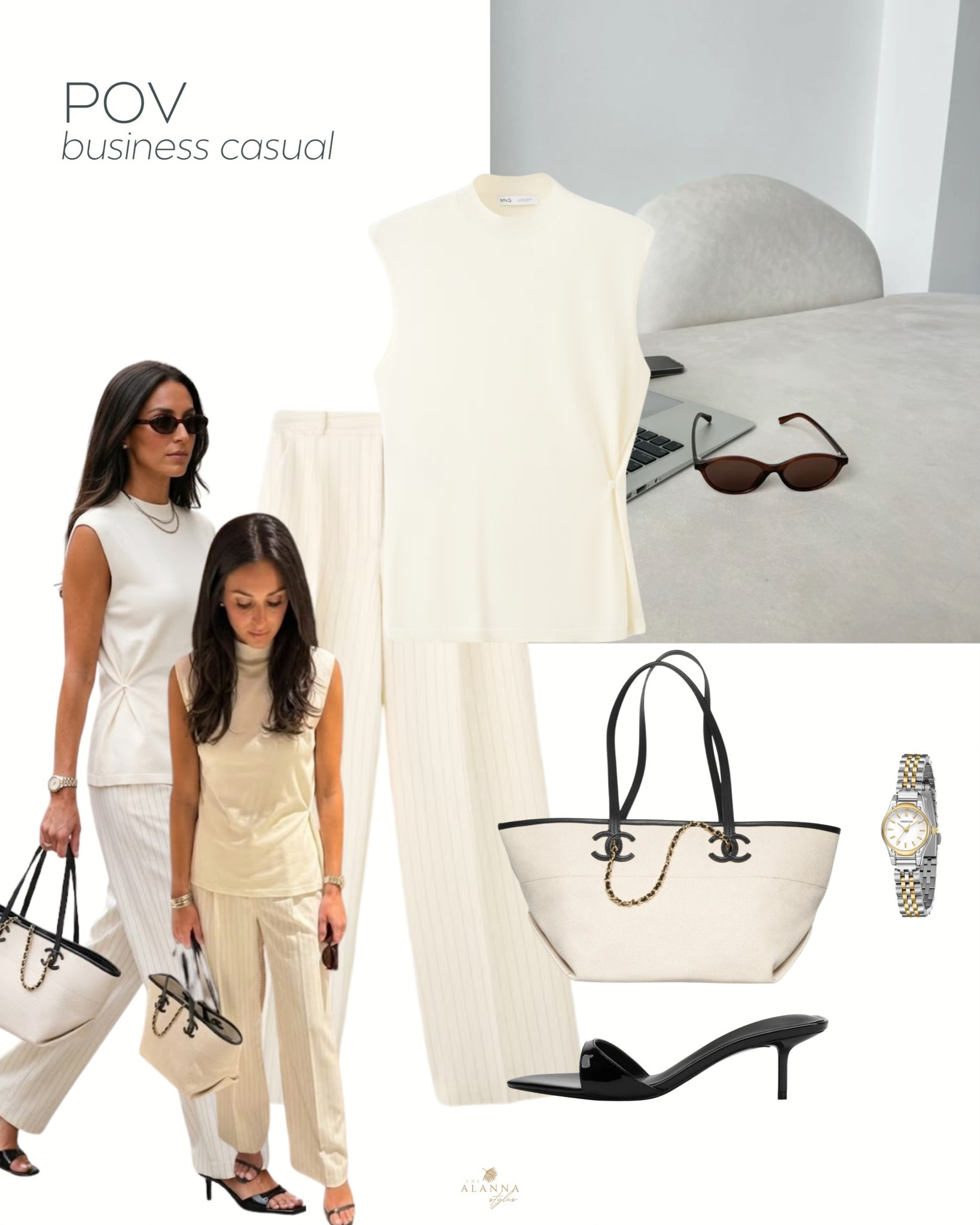 pov: you actually like your office outfit. 💼☕️ monochromatic neutrals always win for business casual. this sleeveless knit and pinstripe combo is keeping me cool, polished, and ready for back-to-back meetings. 

#ltkworkwear #officeoutfit #businesscasual #neutralaesthetic #cleanstyle

#LTKootd