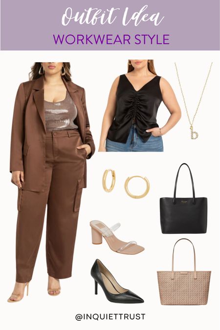Here's an office outfit idea: satin pants, blazer, tank top, black tote bag and more!
#businesscasual #fashionfinds #curvyoutfit #workwear

#LTKworkwear #LTKFind #LTKstyletip