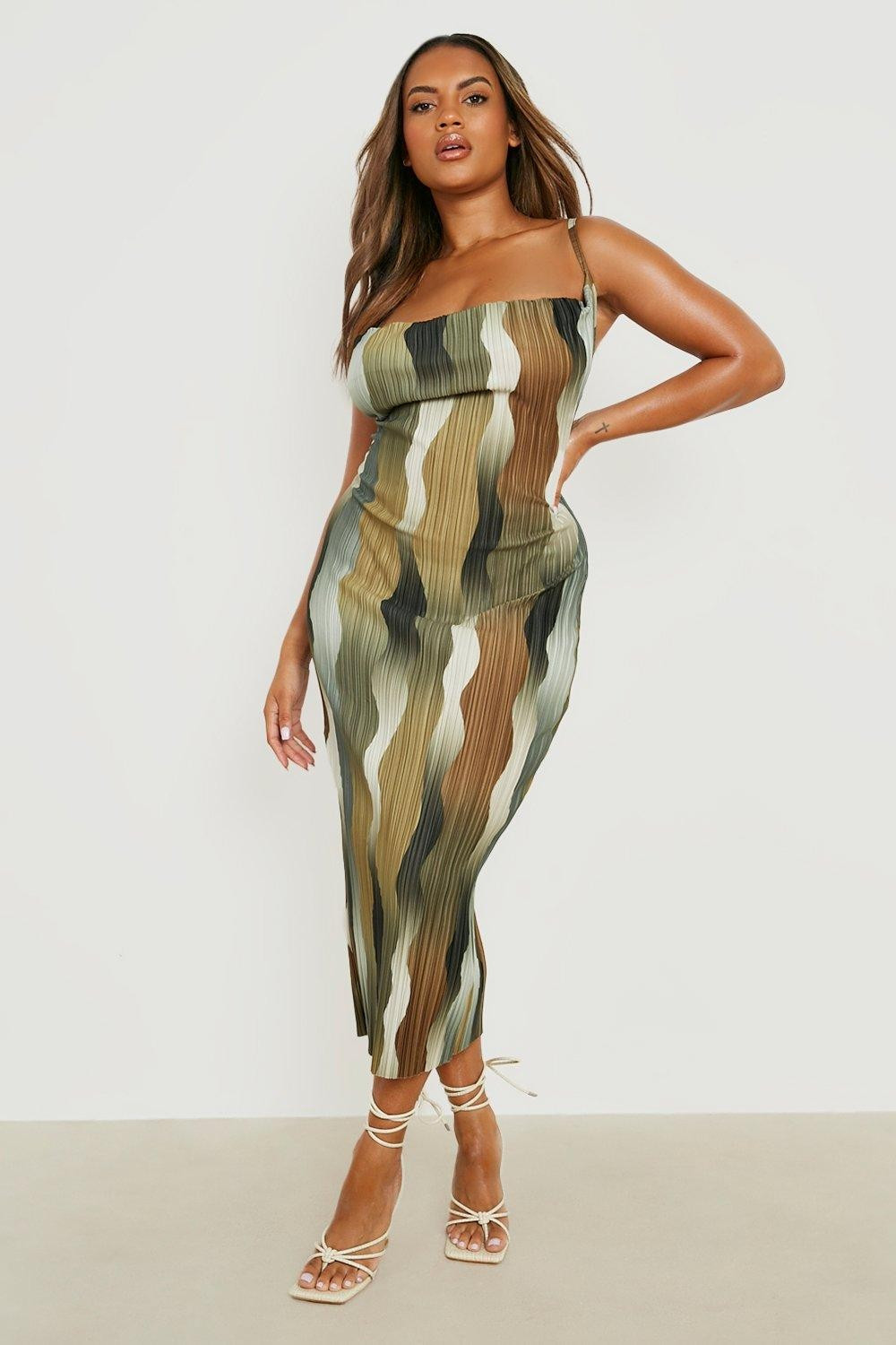 Plus Abstract Plisse Cowl Neck Midi Dress | Boohoo.com (US & CA)