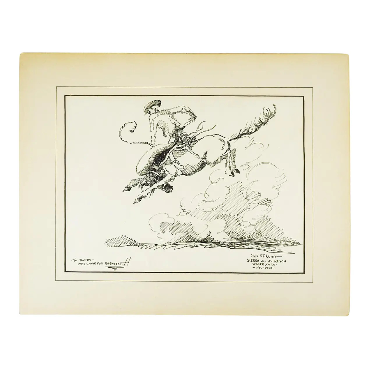 Vintage 1948 Jack Stirling Cowboy Bucking Horse Illustration Drawing | Chairish