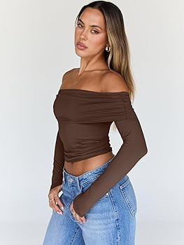 Trendy Queen Women Long Sleeve Shirts Off Shoulder Tops Going Out Crop Sexy Slim Fitted Y2K Fall ... | Amazon (US)