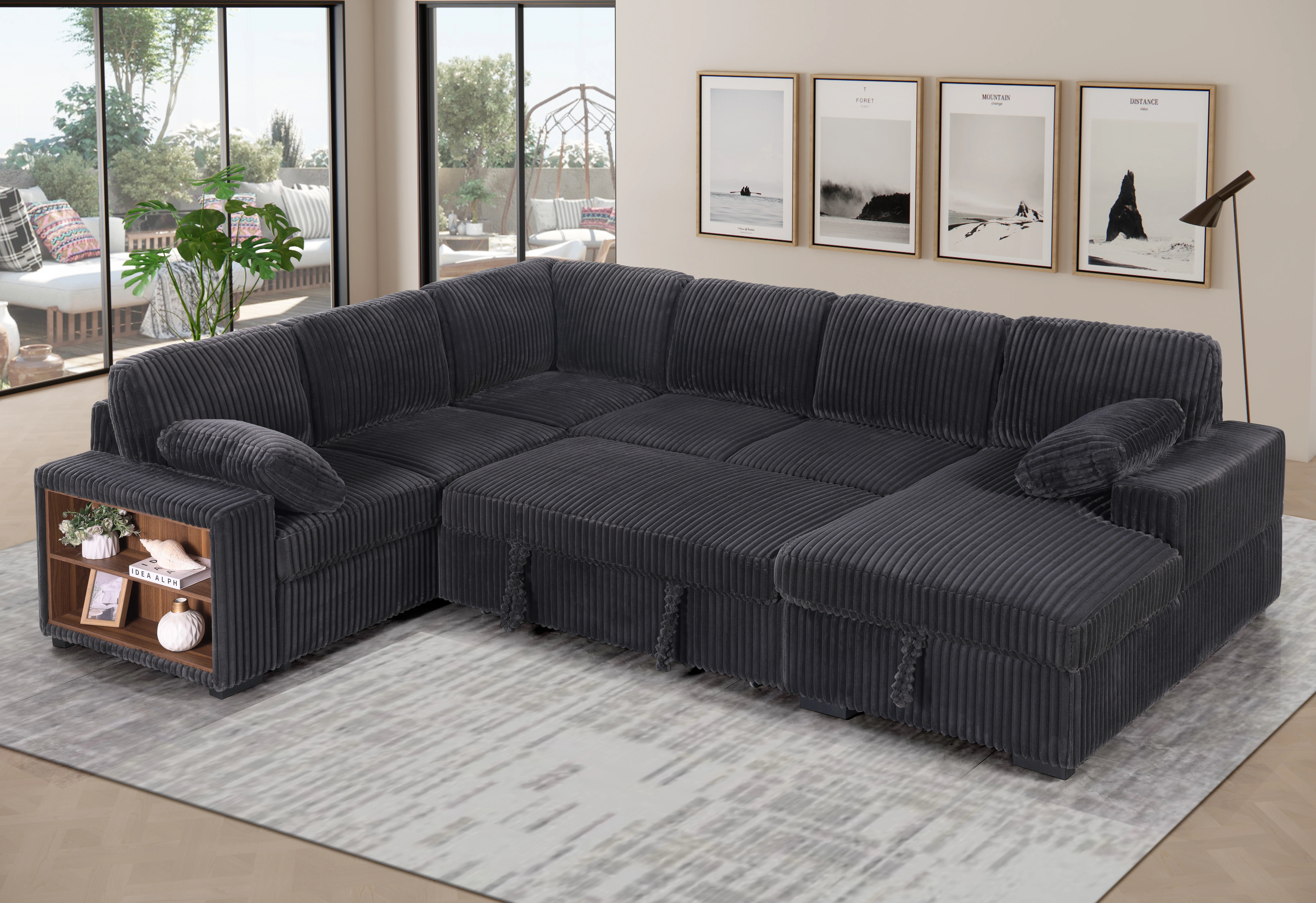 Shariff U-Shaped Corduroy Sectional Sofa with Pull-Out Bed, Storage Chaise Lounge & Open-Storage ... | Wayfair North America