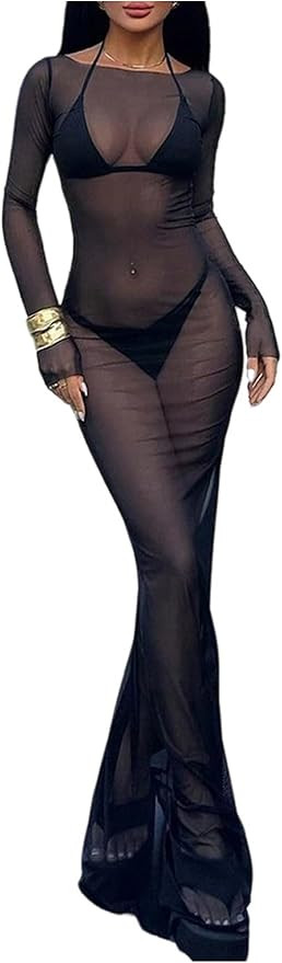SweatyRocks Women's Sexy Mesh Maxi Dress See Through Bodycon Sheer Dresses 2026 Summer Swimwear C... | Amazon (US)