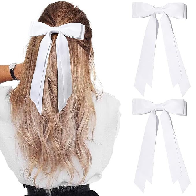 Aileam 2PCS Silky Satin Hair Bows Hair Clip White Hair Ribbon Ponytail Holder Accessories Slides ... | Amazon (US)