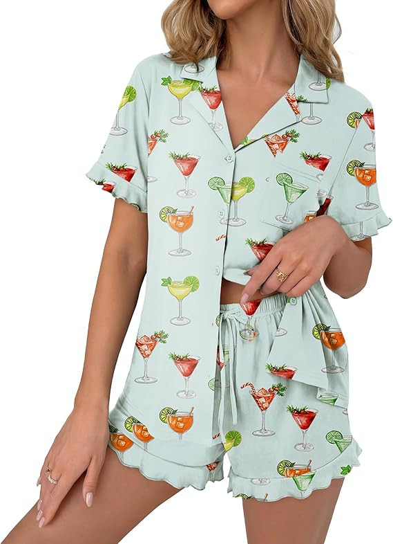 Ekouaer Pajamas Set for Women Button Down Pjs Lounge Sets Ruffle Short Sleeve Sleepwear Cute Loun... | Amazon (US)
