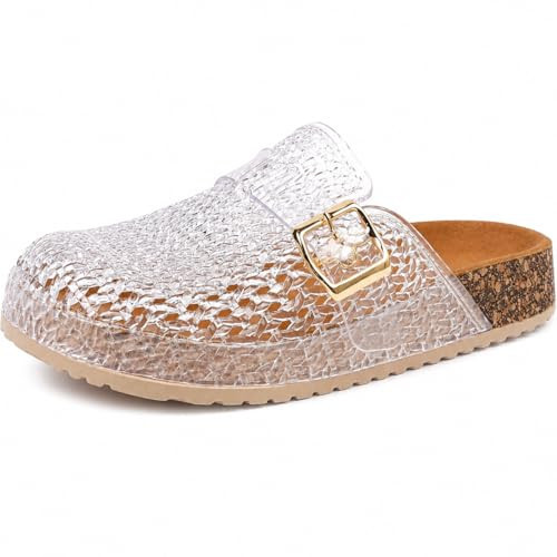 V OPXIN Clear Jelly Mules Clogs for Women Slip On Closed Round Toe Mesh Hollow Flat Jelly Shoes Sandals with Adjustable Buckle Non-Slip Beach Jellies Slides Flats Shoes | Amazon (US)