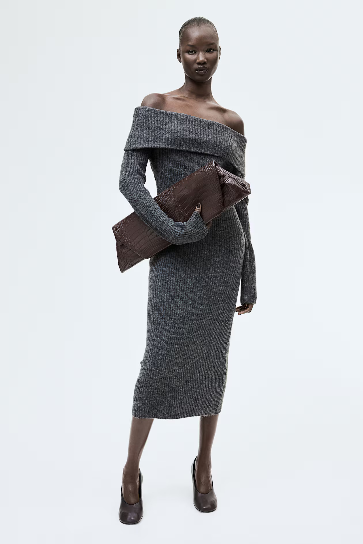 Rib-Knit Off-the-Shoulder Dress - Long sleeve - Midi - Dark gray melange - Ladies | H&M US | H&M (US + CA)