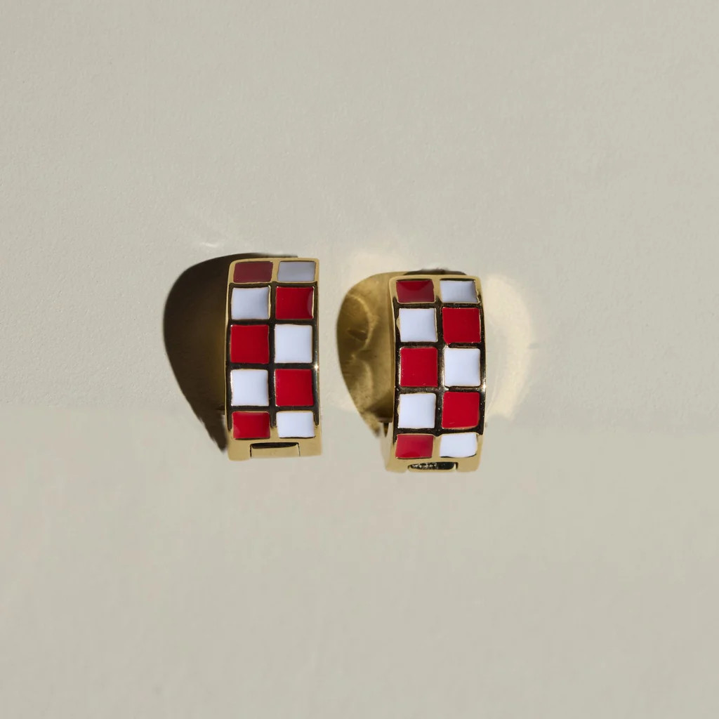 Red & White Checkered Enamel Huggies | Nickel and Suede
