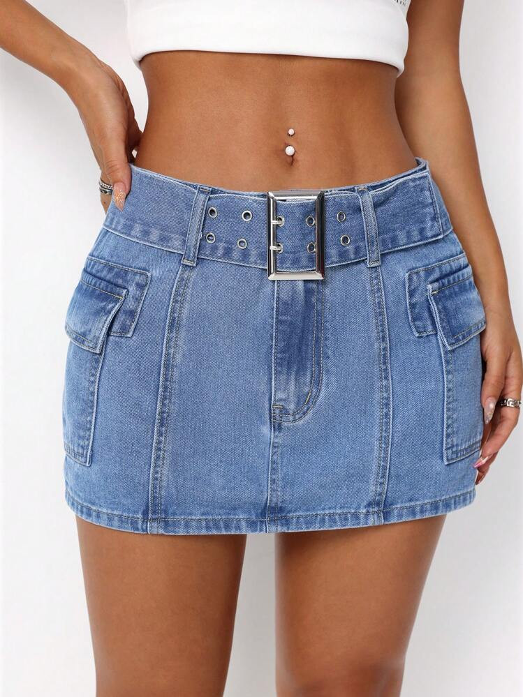 SHEIN ICON Summer Casual Low-Waist Mini Denim Skirt With Washed Effect | SHEIN