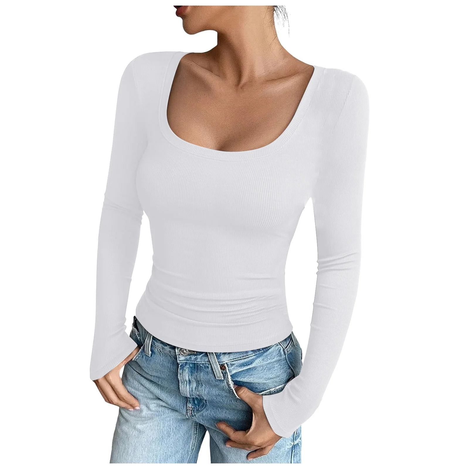 felwors Womens Long Sleeve Scoop Neck Ribbed Knit Fitted Casual Tops Tee Slim Basic Shirts White,... | Walmart (US)