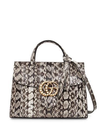 GG Marmont Small Pearly Snakeskin Top-Handle Satchel Bag, Natural | Neiman Marcus