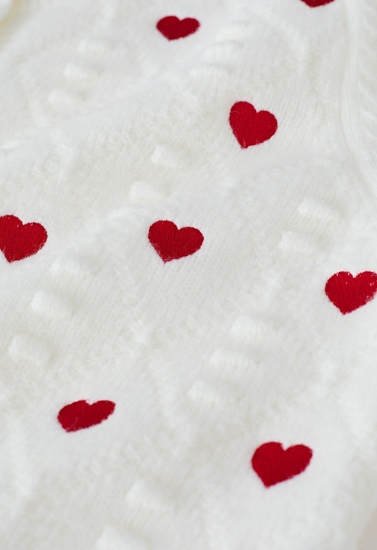 Hearts Embroidered Emboss Knit Buttoned Cardigan in White | Chicwish