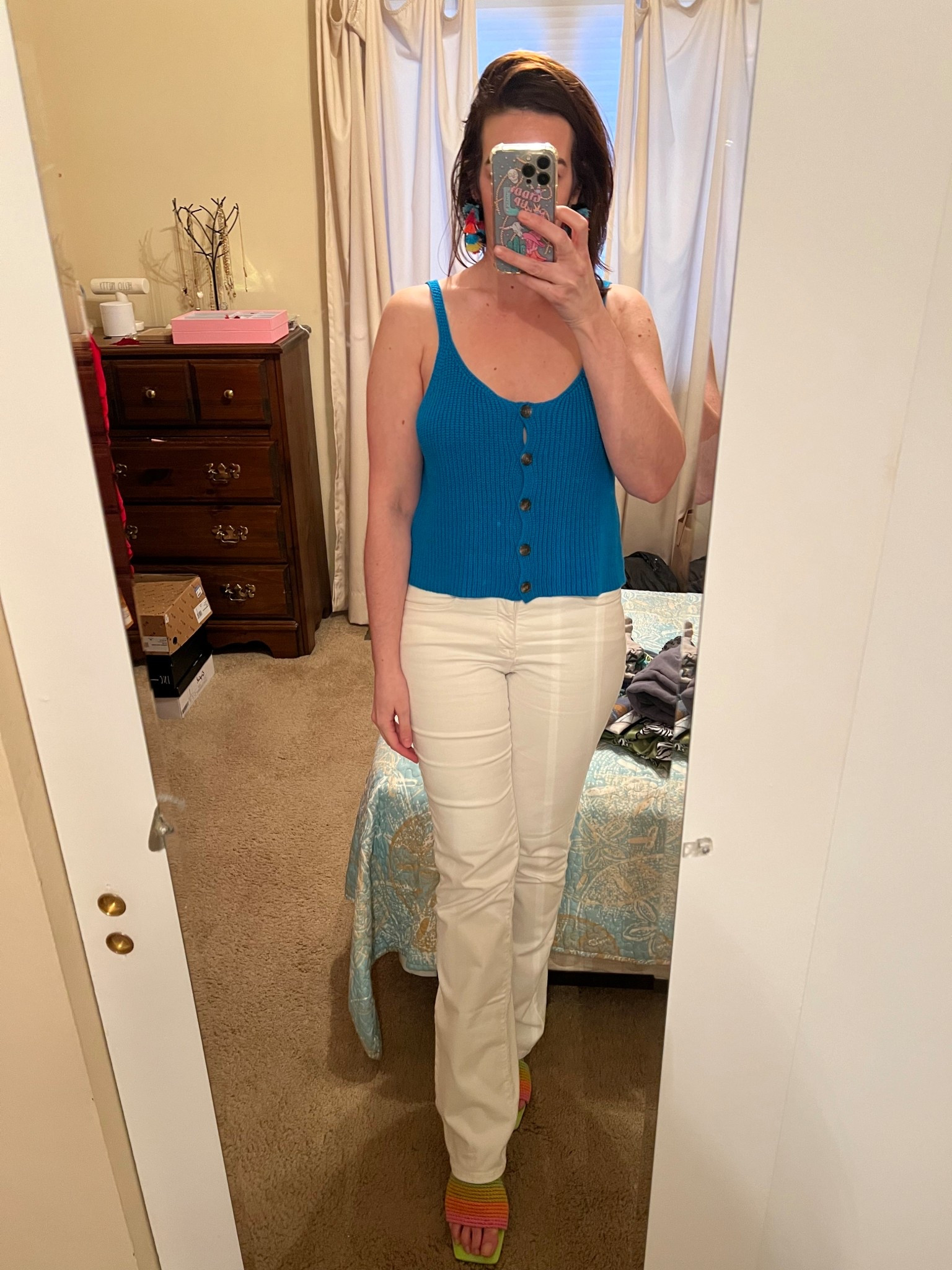 Blue ribbon button down spaghetti strap tank (small). White boot cut jeans (4). Colorful sandals (8.5). #tank #spaghettistraptank #buttondowntank #bluetank #jeans #bootcutjeans #whitejeans #sandals #colorfulsandals #summeroutfit Summer Outfit 

#LTKFindsUnder100 #LTKStyleTip #LTKSummerEdit