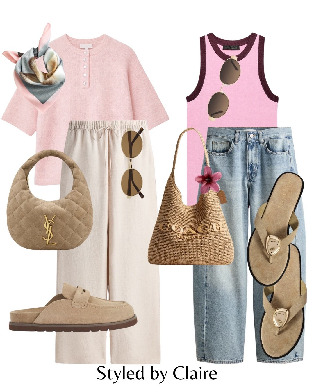 PINK TONES💗
Tags: pretty lavish knit T-shirt top button down linen trousers H&M dune London taupe suede mules backless neutral ysl suede bag silk scarf barrel jeans contrast tank Zara tee burgundy trim sandals mint velvet coach raffia tote bag hair claw flower fashion spring summer inspi outfit ideas chic women’s style city break capsule wardrobe ootd trends

#LTKsummer #LTKstyletip #LTKspring