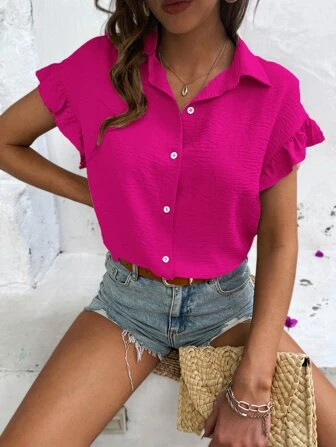 SHEIN VCAY Flounce Sleeve Button Up Shirt | SHEIN