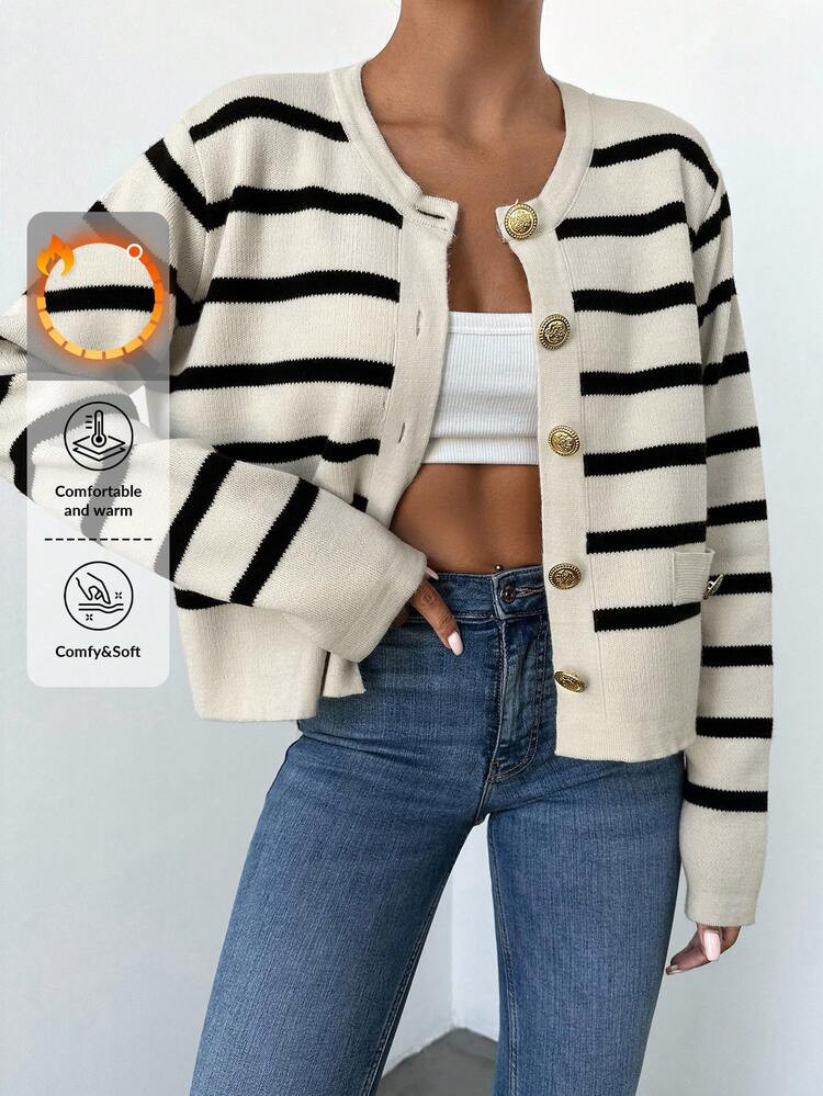 Striped Pattern Button Front Cardigan | SHEIN
