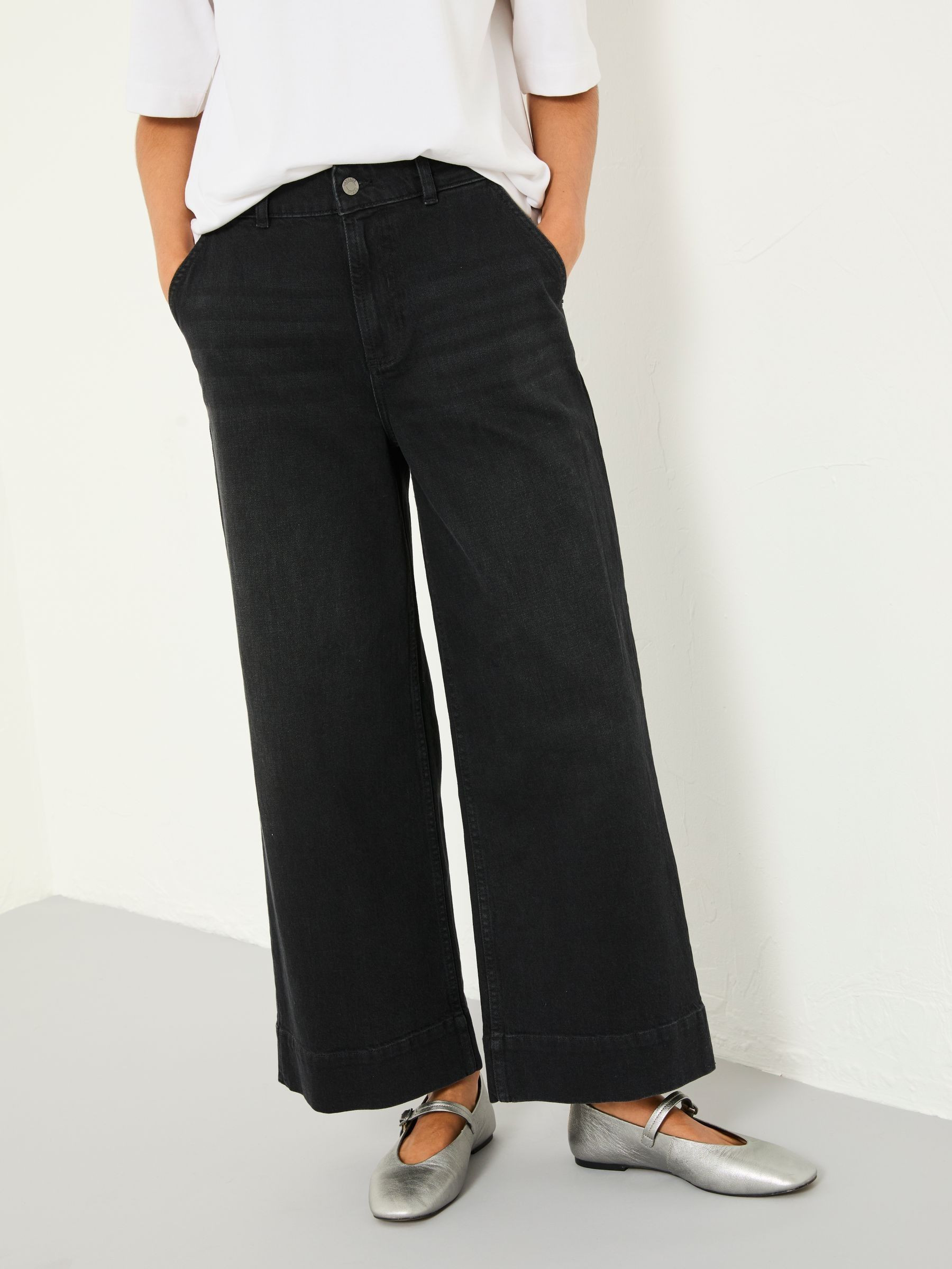 Hove Washed Black Denim Wide Leg Crop Jeans | Fat Face