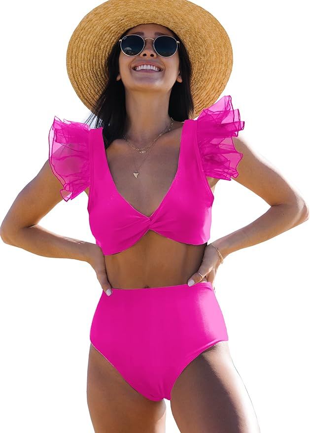 SPORLIKE Women High Waisted Swimsuit Organza Ruffle Bikini Twist Front Bathing Suit | Amazon (US)