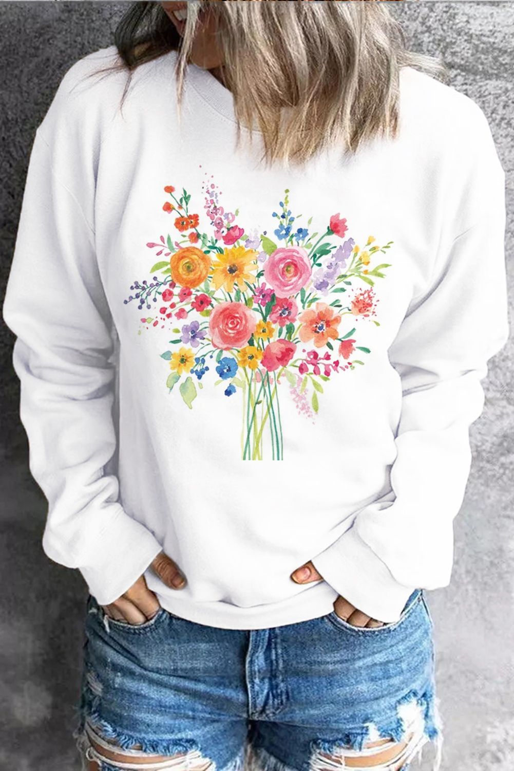 Floral Round Neck Casual Pullover Sweatshirt | Evaless
