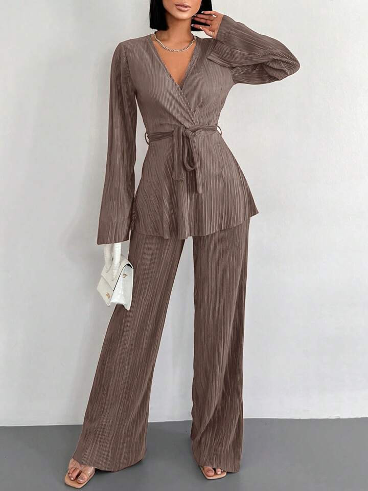 SHEIN Ensemble De Haut Croisé Plissé Et De Pantalon À Jambes Larges Pour Femme | SHEIN
