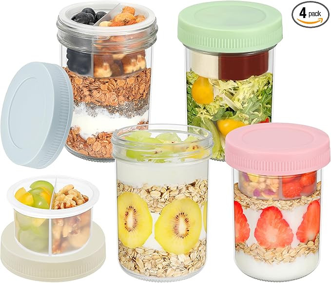 16 oz Overnight Oats Containers with Airtight Lids - 4-Pack Leak-Proof Wide Mouth Mason Jars & Di... | Amazon (US)