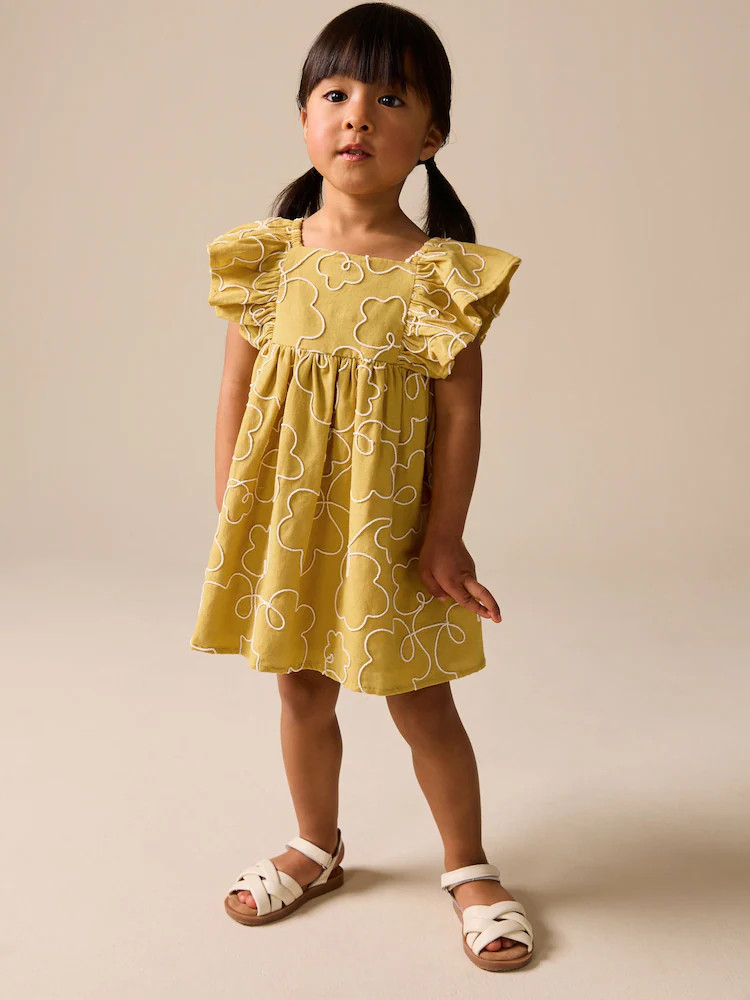 Ochre Yellow Embroidered Angel Sleeve Dress (3mths-8yrs) | Next US