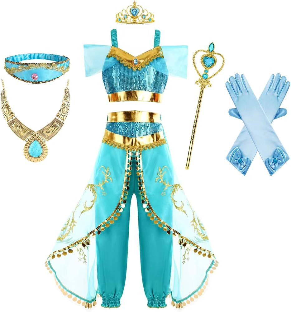 Princess Jasmine Costume for Girls Halloween Kids Dress Up Outfit with Accessories | Amazon (US)