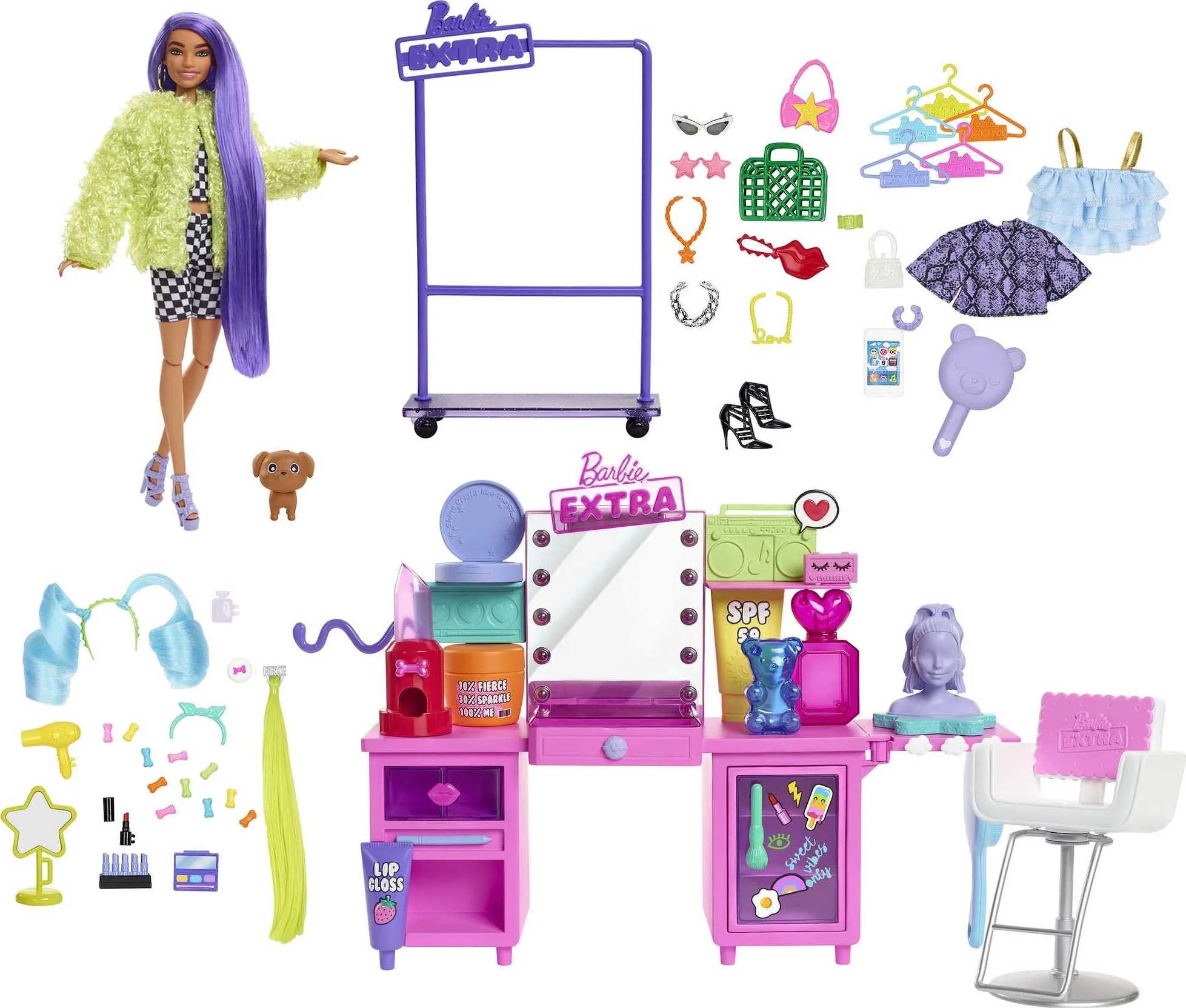 Barbie Extra Fashion Doll and Vanity Playset with 45+ Accessories, Vanity and Puppy | Walmart (US)