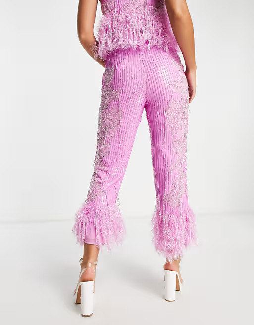 ASOS EDITION floral embellished pants feather hem with in pink | ASOS (Global)