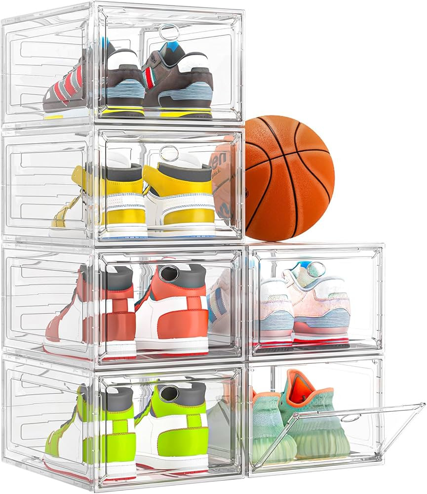 Thicken & Sturdy Clear Shoe Storage Organizer with Magnetic Door, Stackable Boxes for Closet, Fol... | Amazon (US)