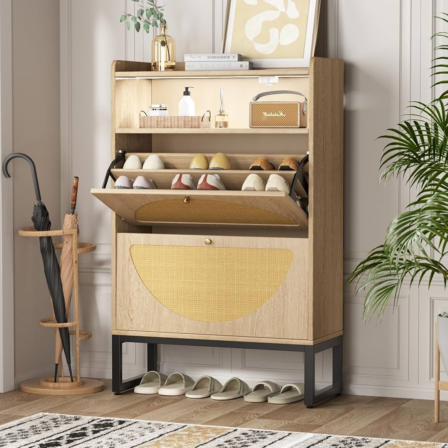 Rattan Shoe Cabinet, Shoe Storage Cabinet with 2 Flip Drawers, Entryway Slim Shoe Cabinet with Se... | Amazon (US)