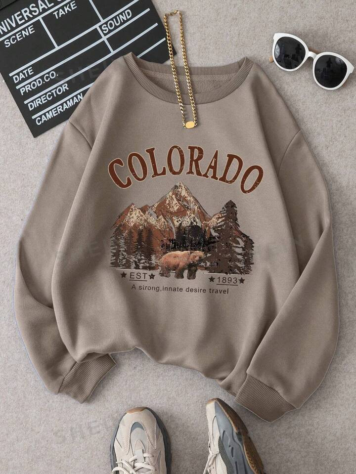 Women'S Mountain & Letter Print Fleece Sweatshirt | SHEIN