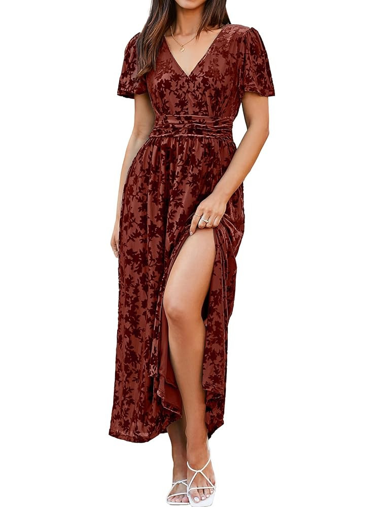 Simplee Women's Velvet Maxi Dress V Neck Short Sleeve Empire Waist Semi Formal Long Cocktail Dres... | Amazon (US)