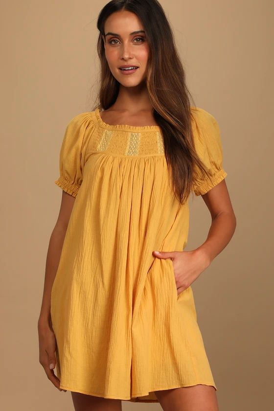 Always Happy Mustard Yellow Puff Sleeve Mini Dress | Lulus (US)