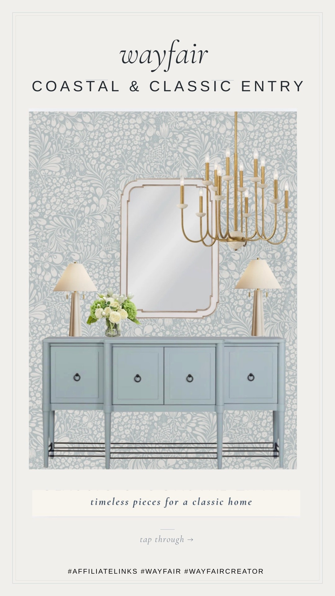 One of my favorite ways to make an entryway feel finished is by layering timeless pieces instead of chasing trends.

This look combines soft blue cabinetry, classic brass lighting, beautiful wallpaper, and simple accessories that create a welcoming first impression without feeling overly formal.

I've rounded up the Wayfair—from the console table and chandelier to the mirror, lamps, and decor.

Tap through to shop the collection and get the look for your own home.

#wayfaircreator #wayfair #entrywaydecor #entrywayideas #coastalhome #classicinteriors #timelessdesign #homedecor #interiordesign #affiliate

#LTKHome