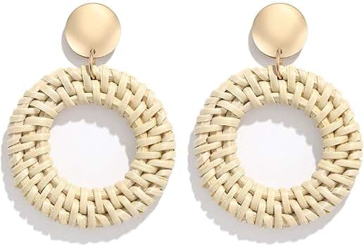 Rattan Earrings for Women Girls Handmade Lightweight Wicker Straw Stud Earrings Statement Weaving... | Amazon (US)