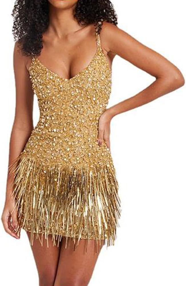 Women Glitter Sexy Sequin Tassel Dress Gold Fringe Dress Fall Winter 90s Outfit Inspo Amazon | Amazon (US)