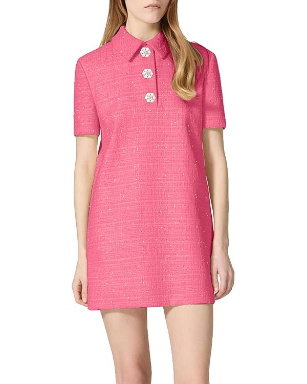 Women's Tweed Mini Shift Dress Polo Collared Party Formal Short Dress Rhinestone Button Up Work T... | Amazon (US)